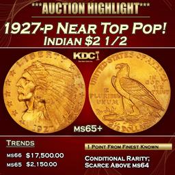 1927-p Gold Indian Quarter Eagle Near Top Pop! $2 1/2 ms65+ SEGS
