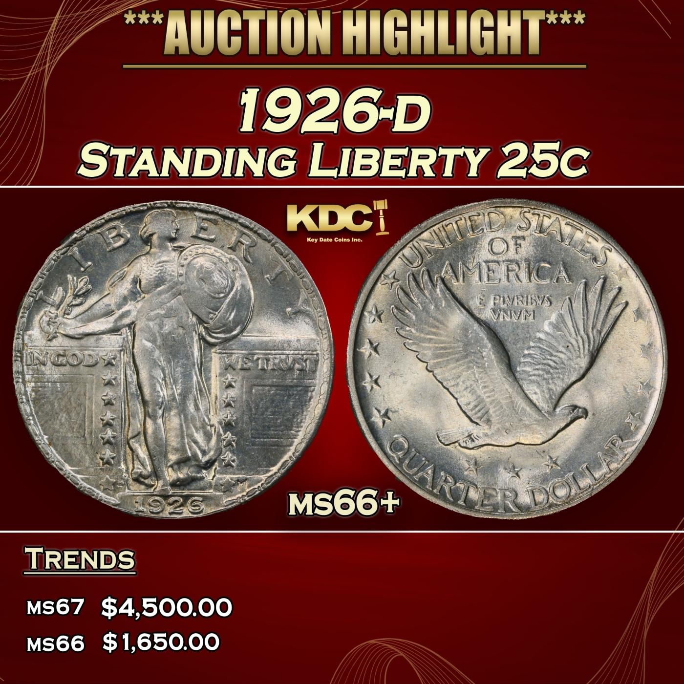1926-d Standing Liberty Quarter 25c ms66+ SEGS