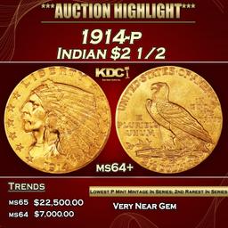 1914-p Gold Indian Quarter Eagle $2 1/2 ms64+ SEGS