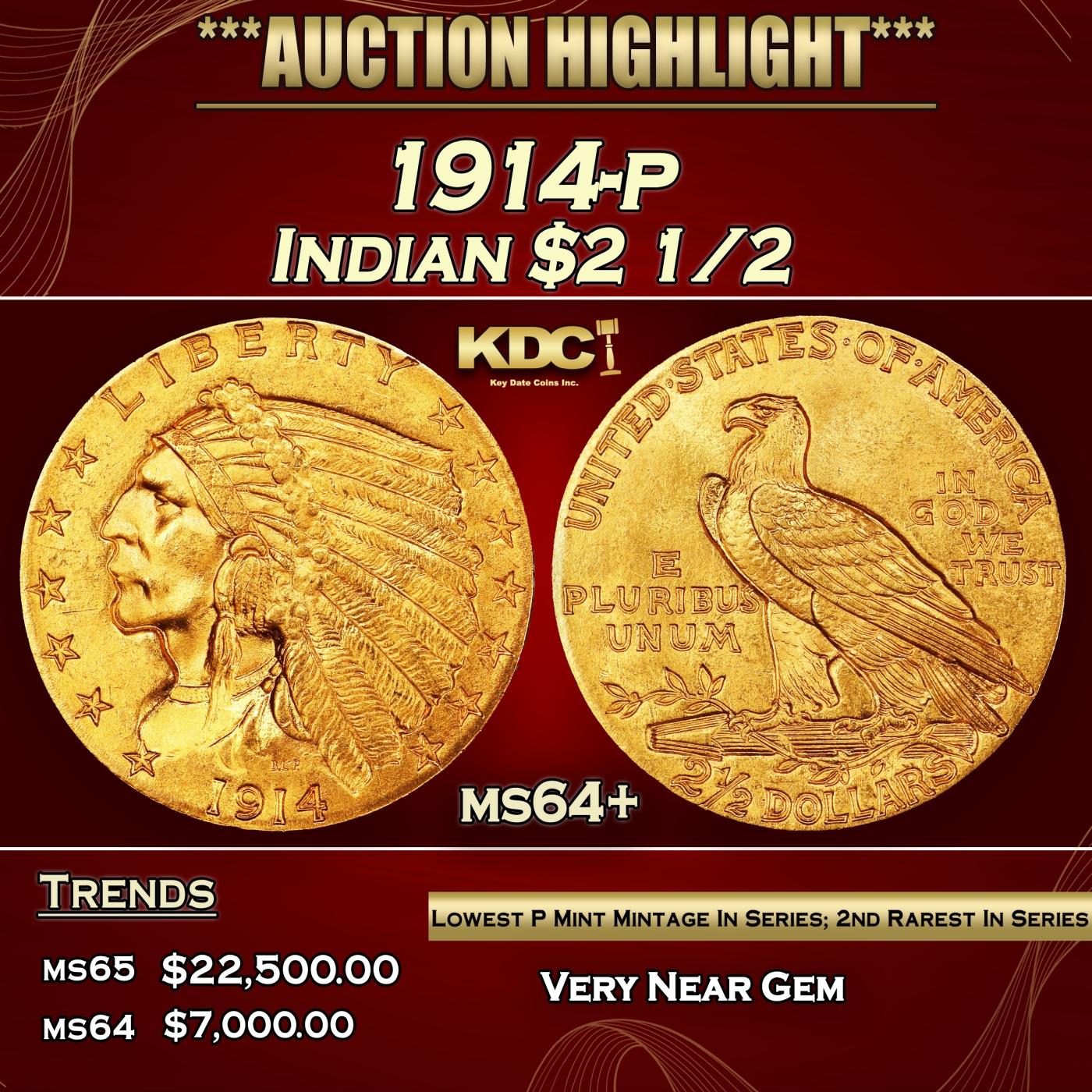 1914-p Gold Indian Quarter Eagle $2 1/2 ms64+ SEGS