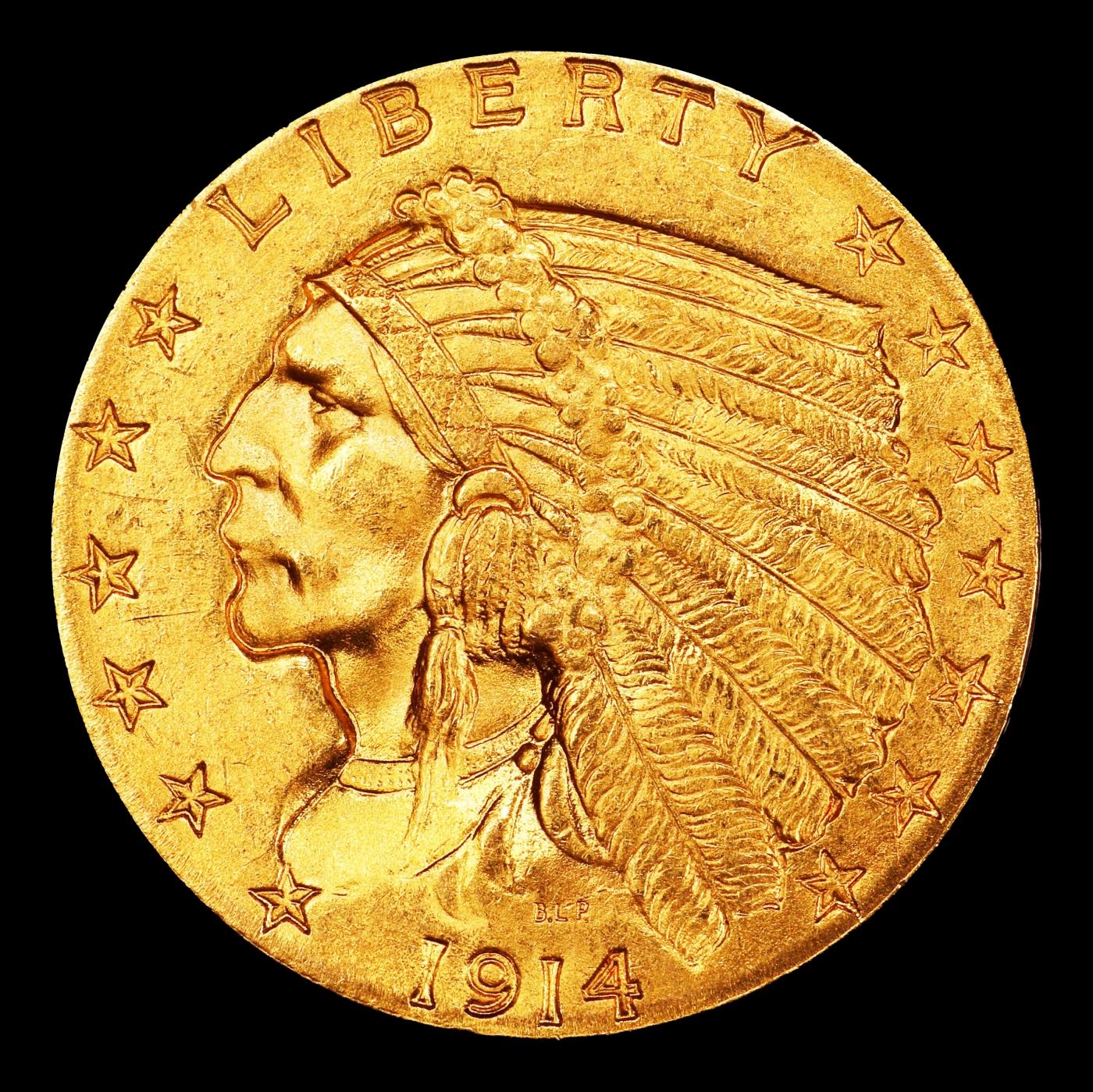 1914-p Gold Indian Quarter Eagle $2 1/2 ms64+ SEGS