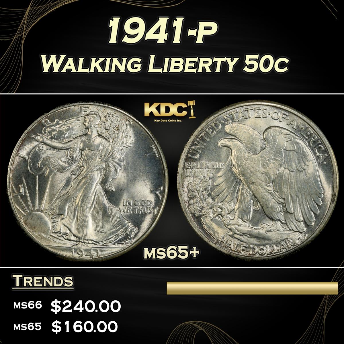 1941-p Walking Liberty Half Dollar 50c Grades ms65+