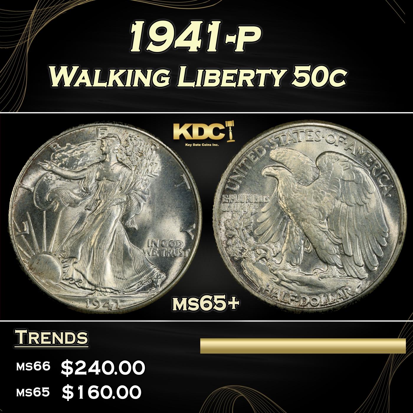 1941-p Walking Liberty Half Dollar 50c Grades ms65+