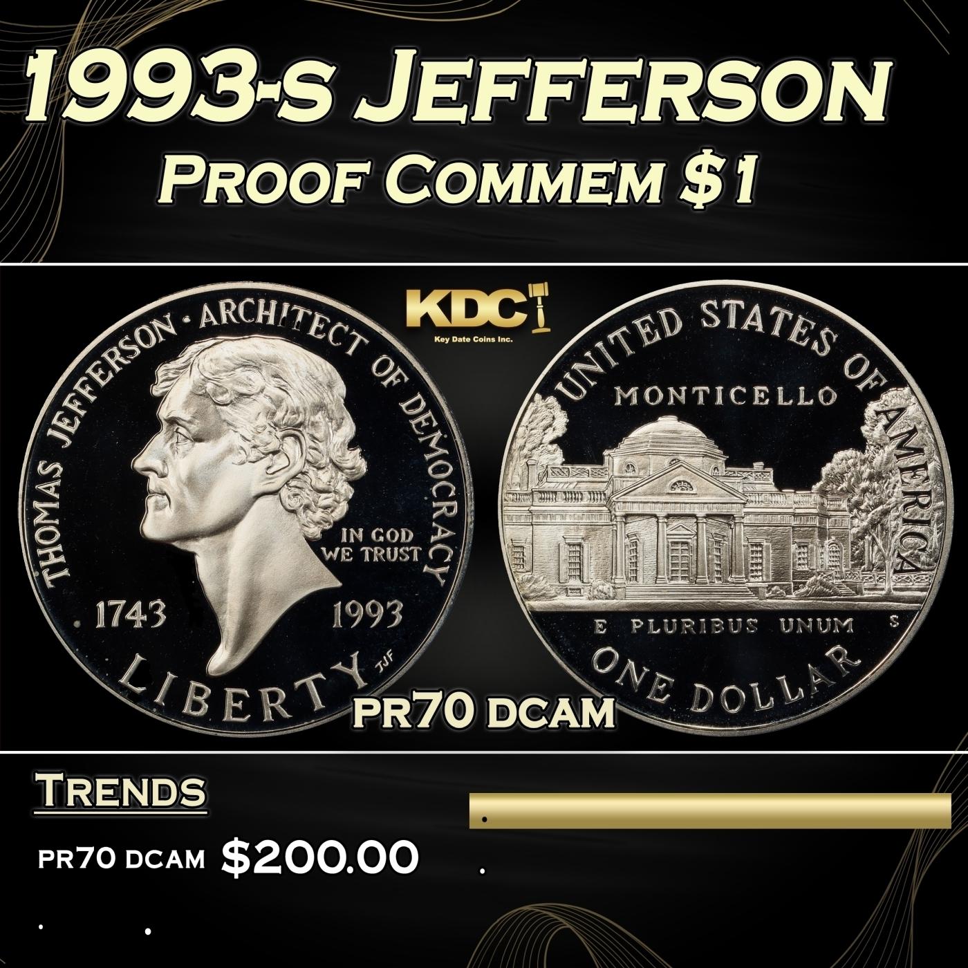 1993-s Jefferson Proof Modern Commem Dollar $1 pr70 dcam SEGS