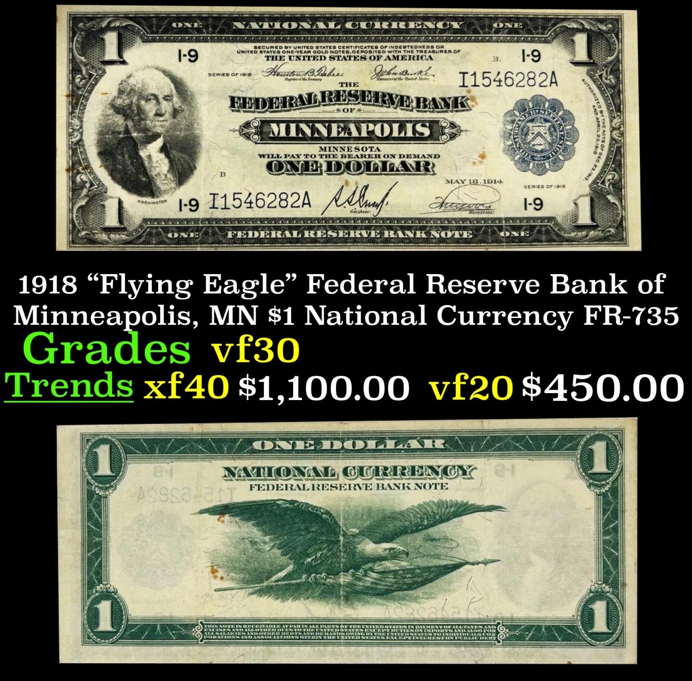 1918 $1 National Currency "Flying Eagle" Federal Reserve Bank of Minneapolis, MN Grades vf++ FR-735