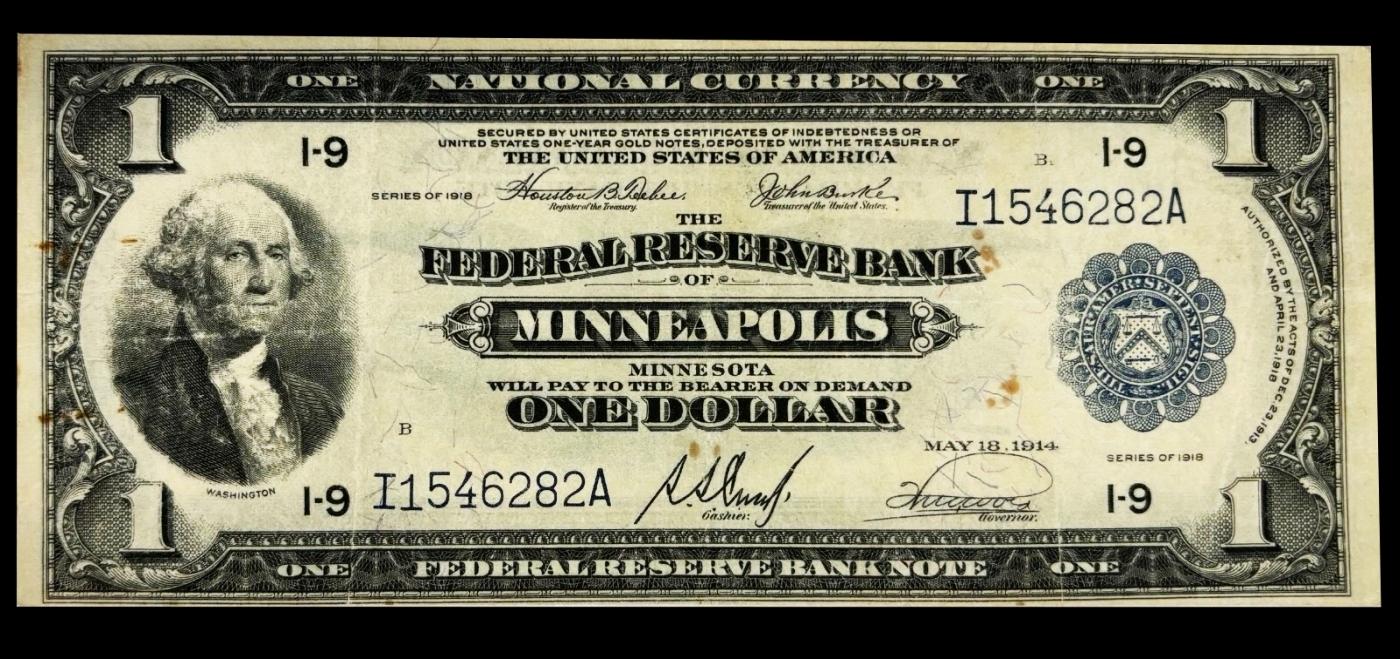 1918 $1 National Currency "Flying Eagle" Federal Reserve Bank of Minneapolis, MN Grades vf++ FR-735