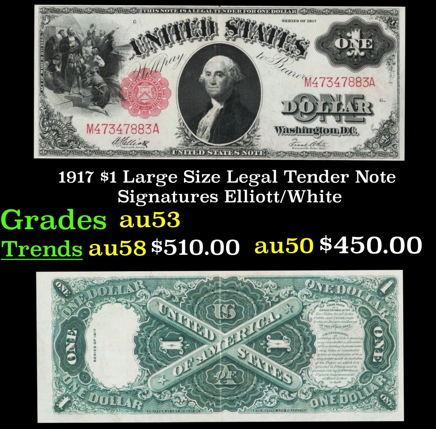 1917 $1 Large Size Legal Tender Note Grades Select AU Signatures Elliott/White