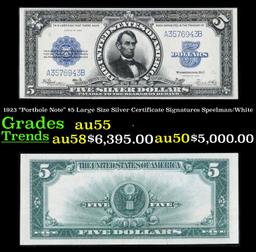 1923 $5 Large Size Silver Certificate "Porthole Note" Grades Choice AU Signatures Speelman/White