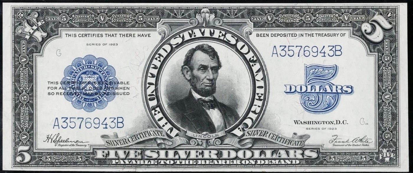 1923 $5 Large Size Silver Certificate "Porthole Note" Grades Choice AU Signatures Speelman/White