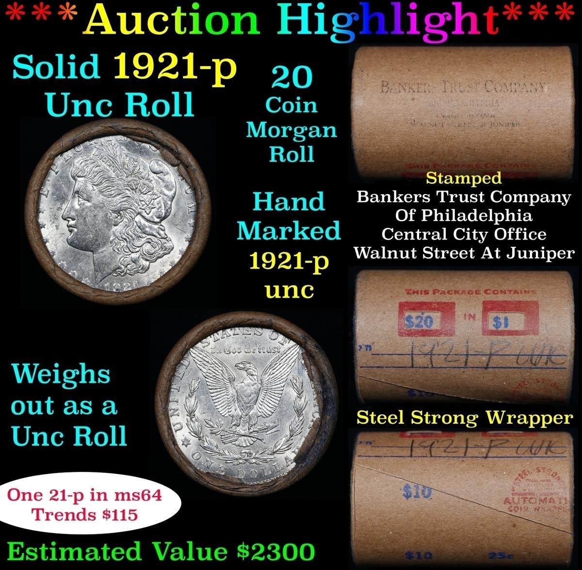Full solid date 1921-p Uncirculated Morgan silver dollar roll, 20 coins