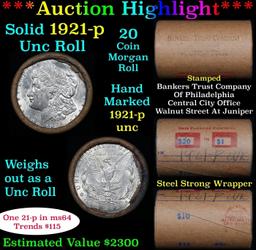 Full solid date 1921-p Uncirculated Morgan silver dollar roll, 20 coins