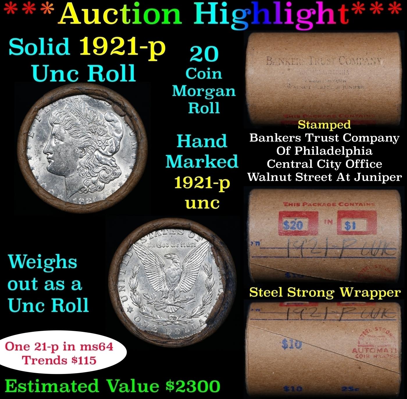 Full solid date 1921-p Uncirculated Morgan silver dollar roll, 20 coins