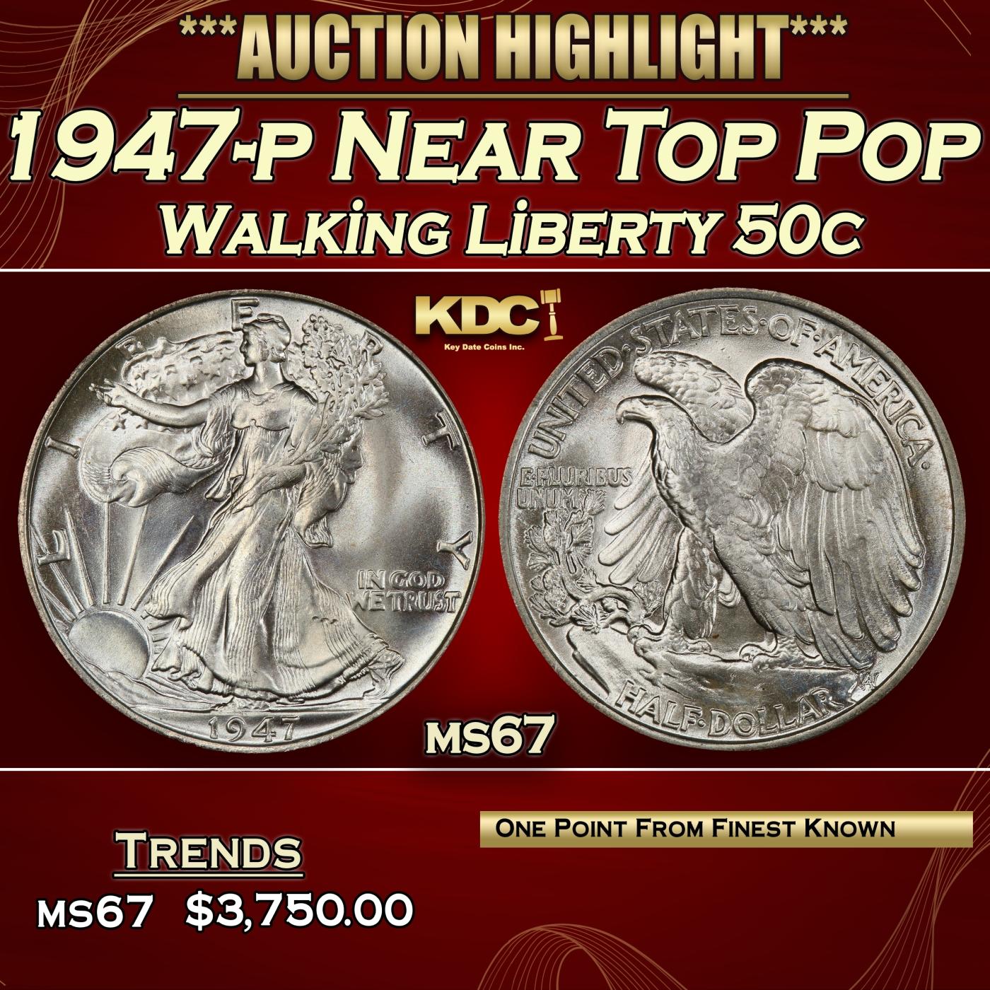 1947-p Walking Liberty Half Dollar Near Top Pop 50c ms67 SEGS