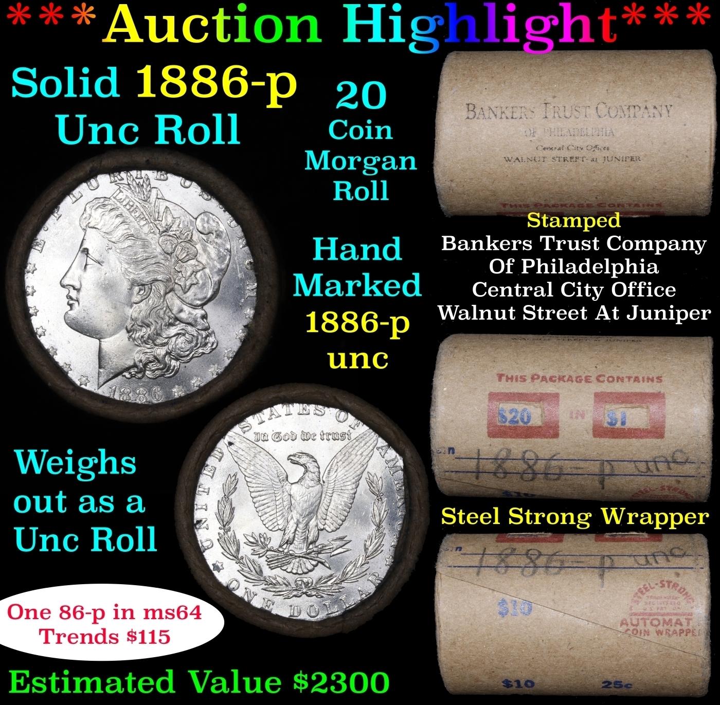 Full solid date 1886-p Uncirculated Morgan silver dollar roll, 20 coins