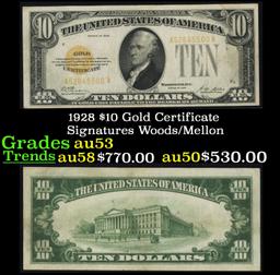 1928 $10 Gold Certificate Signatures Woods/Mellon Grades Select AU