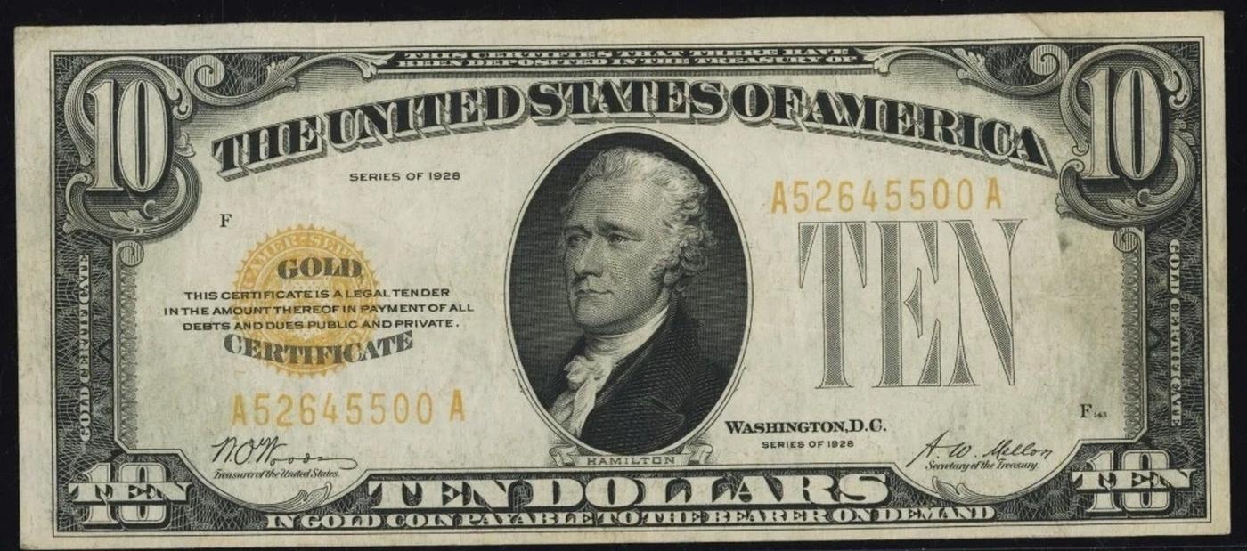 1928 $10 Gold Certificate Signatures Woods/Mellon Grades Select AU