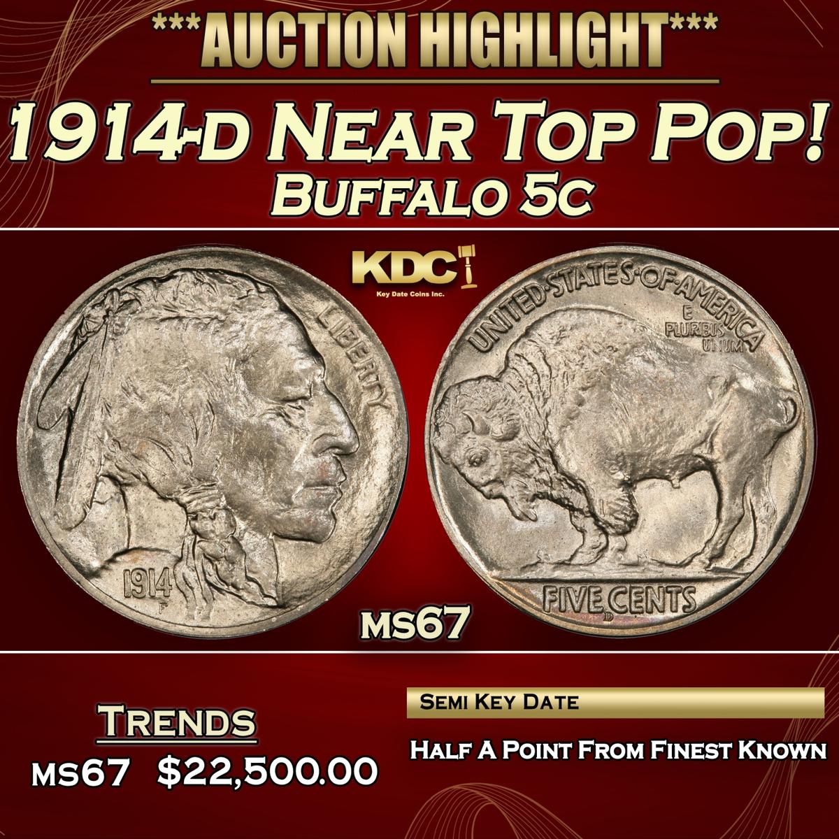 1914-d Buffalo Nickel Near Top Pop! 5c ms67 SEGS