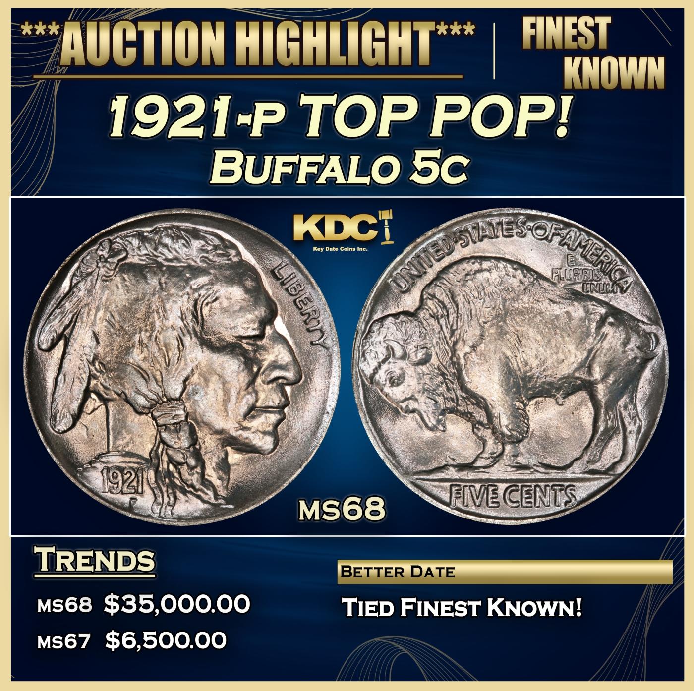 1921-p Buffalo Nickel TOP POP! 5c ms68 SEGS
