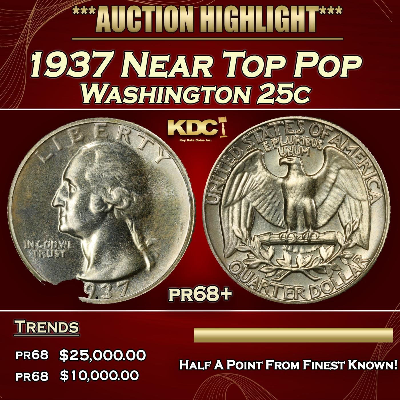 1937 Proof Washington Quarter Near Top Pop 25c pr68+ SEGS