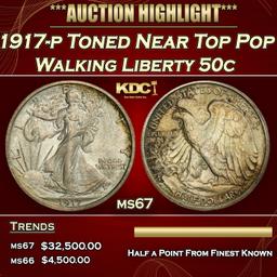 1917-p Walking Liberty Half Dollar Toned Near Top Pop 50c ms67 SEGS