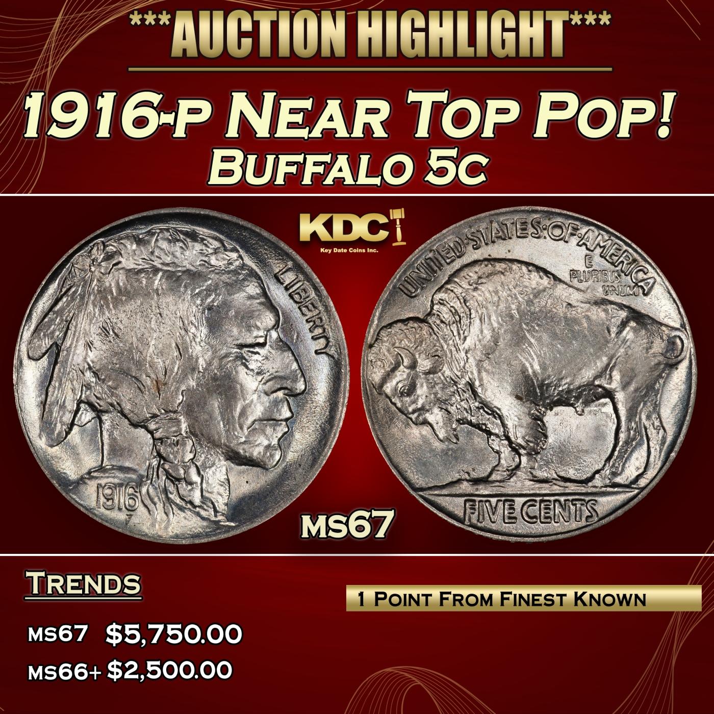 1916-p Buffalo Nickel Near Top Pop! 5c ms67 SEGS