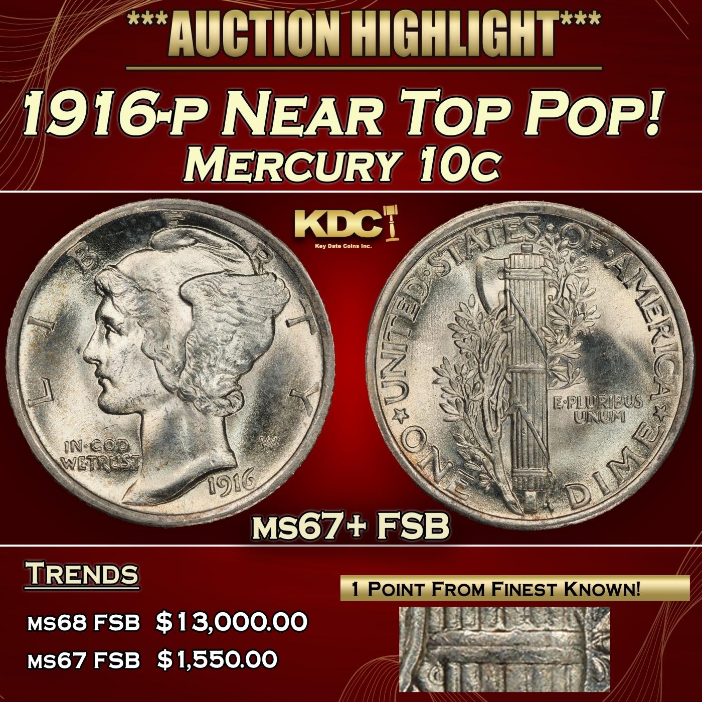 1916-p Mercury Dime Near Top Pop! 10c ms67+ FSB SEGS