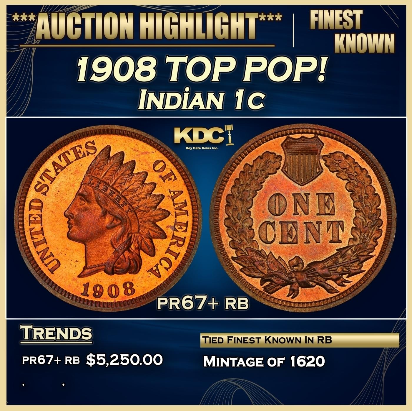 1908 Proof Indian Cent TOP POP! 1c pr67+ rb SEGS