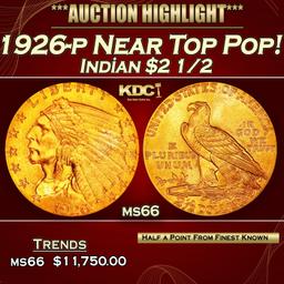 1926-p Gold Indian Quarter Eagle Near Top Pop! $2 1/2 ms66 USCG
