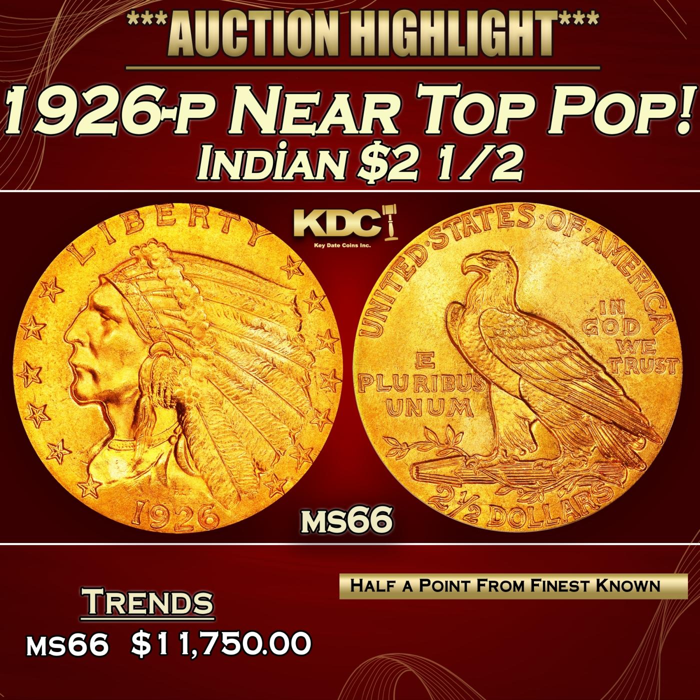 1926-p Gold Indian Quarter Eagle Near Top Pop! $2 1/2 ms66 USCG