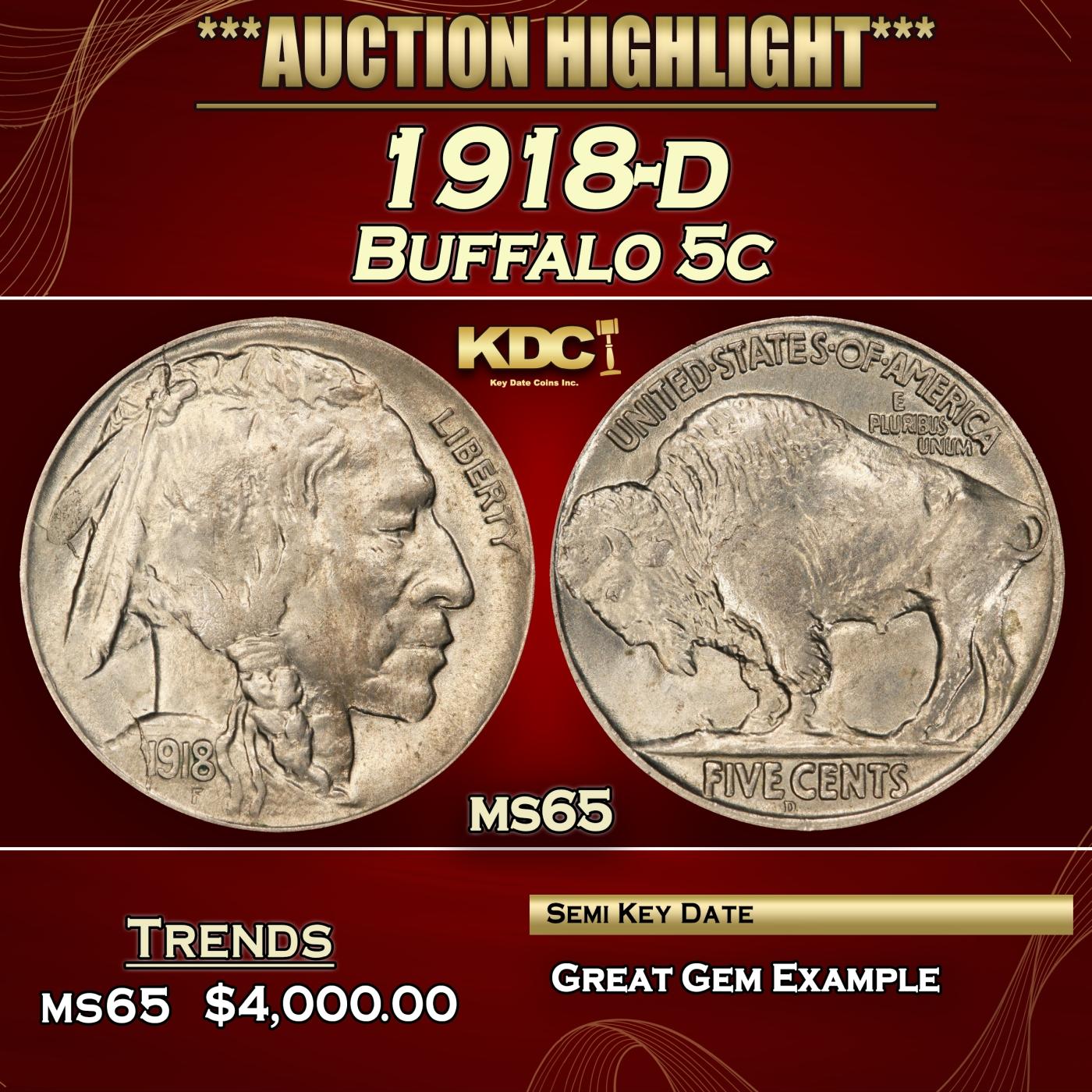 1918-d Buffalo Nickel 5c ms65 SEGS