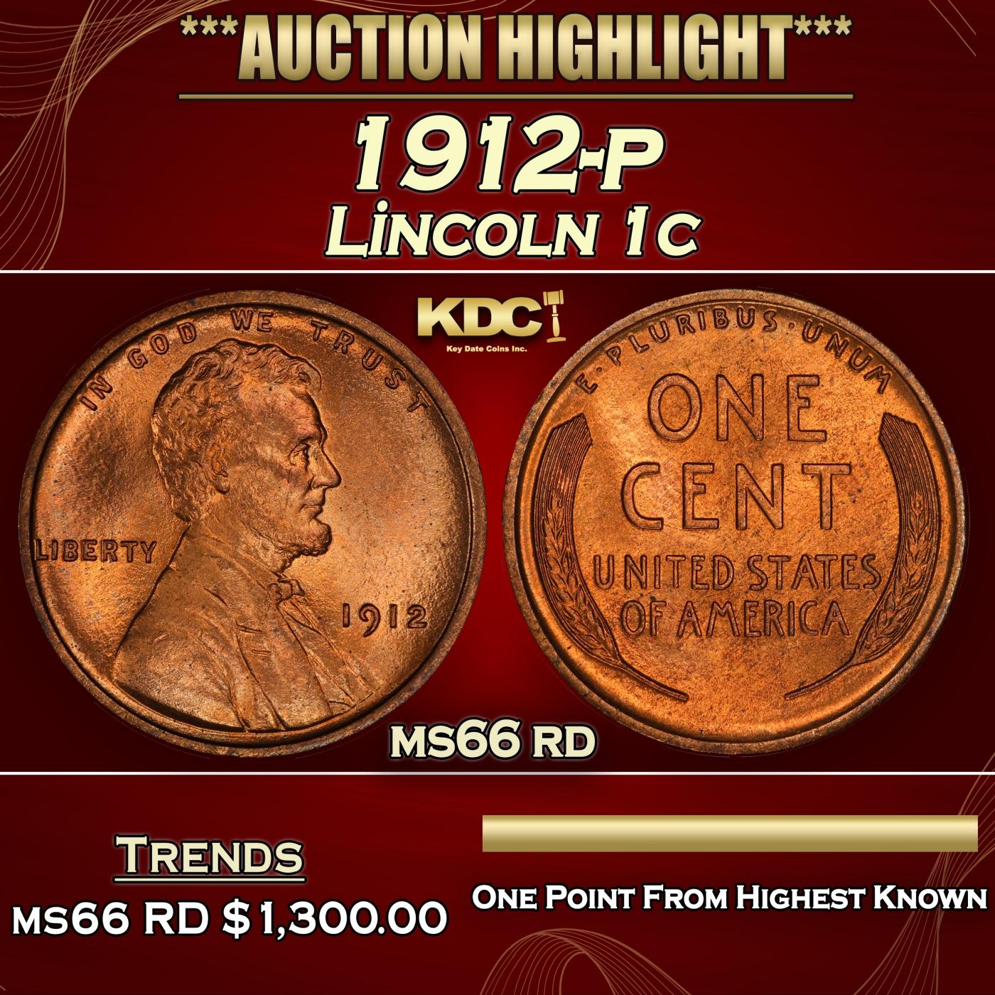 1912-p Lincoln Cent 1c ms66 rd SEGS