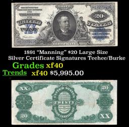 1891 $20 Large Silze Silver Certificate "Manning" Grades xf Signatures Teehee/Burke