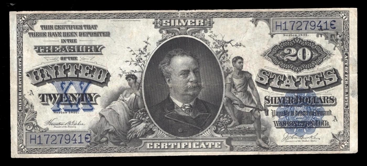 1891 $20 Large Silze Silver Certificate "Manning" Grades xf Signatures Teehee/Burke