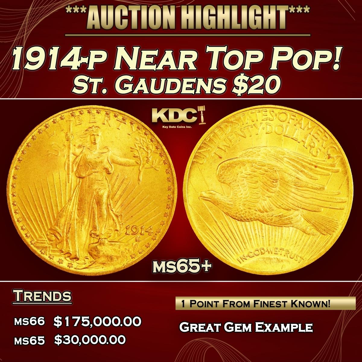 1914-p Gold St. Gaudens Double Eagle Near Top Pop! $20 ms65+ SEGS