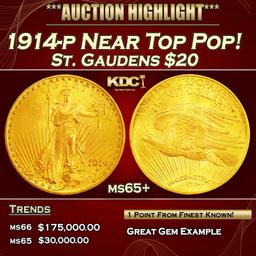 1914-p Gold St. Gaudens Double Eagle Near Top Pop! $20 ms65+ SEGS