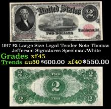 1917 $2 Large Size Legal Tender Note Thomas Jefferson Grades xf+ Signatures Speelman/White
