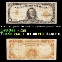 1922 $10 Large Size Gold Certificate Grades vf25 Signatures Speelman/White