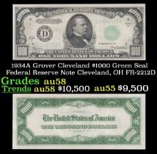 1934A $1000 Green Seal Federal Reserve Note President Grover Cleveland Cleveland, OH Grades Choice A