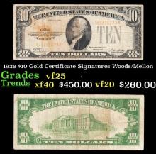1928 $10 Gold Certificate Signatures Woods/Mellon Grades vf25