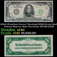 1934A $1000 Green Seal Federal Reserve Note President Grover Cleveland Cleveland, OH Grades xf FR-22