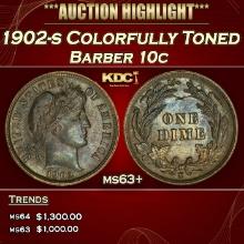 1902-s Barber Dime Colorfully Toned 10c Grades ms63+