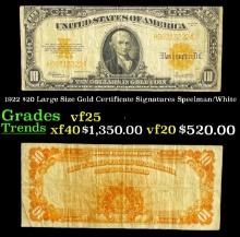 1922 $20 Large Size Gold Certificate Grades vf+ Signatures Speelman/White