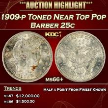 1909-p Barber Quarter Toned Near Top Pop 25c ms66+ SEGS