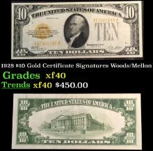 1928 $10 Gold Certificate Signatures Woods/Mellon Grades xf