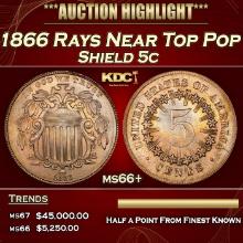 1866 Rays Shield Nickel Near Top Pop 5c ms66+ SEGS