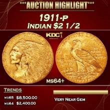 1911-p Gold Indian Quarter Eagle $2 1/2 ms64+ SEGS