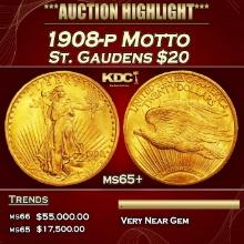 1908-p Motto Gold St. Gaudens Double Eagle $20 ms65+ SEGS