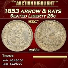 1853 arrow & rays Seated Liberty Quarter 25c ms63+ SEGS