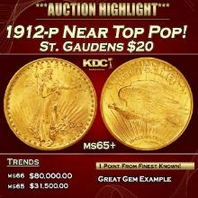 1912-p Gold St. Gaudens Double Eagle Near Top Pop! $20 ms65+ SEGS