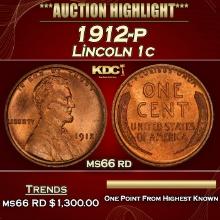1912-p Lincoln Cent 1c ms66 rd SEGS
